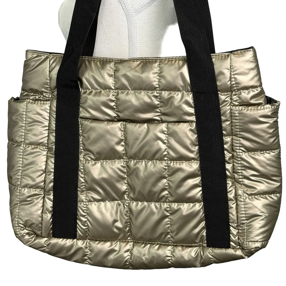 Puffer‎ Quilted Tote Shoulder Bag Metallic Gold Bronze Black Straps Zipper